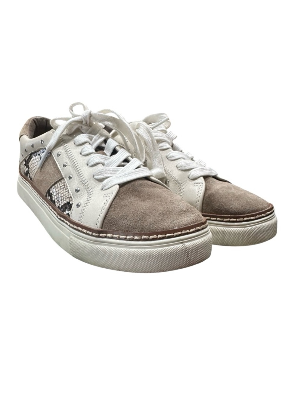 Crown Vintage Taupe Suede White Leather Sneakers with Snakeskin Accent BT15